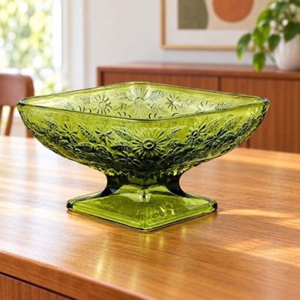 Vintage Avocado Green Pressed Glass Square Pedestal Compote Daisy Floral 6.5”